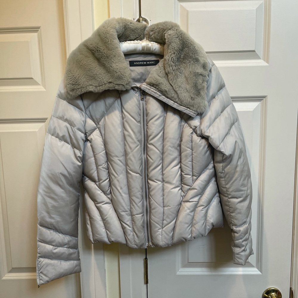 Andrew Marc Gray Puffer Coat With Fur Trim